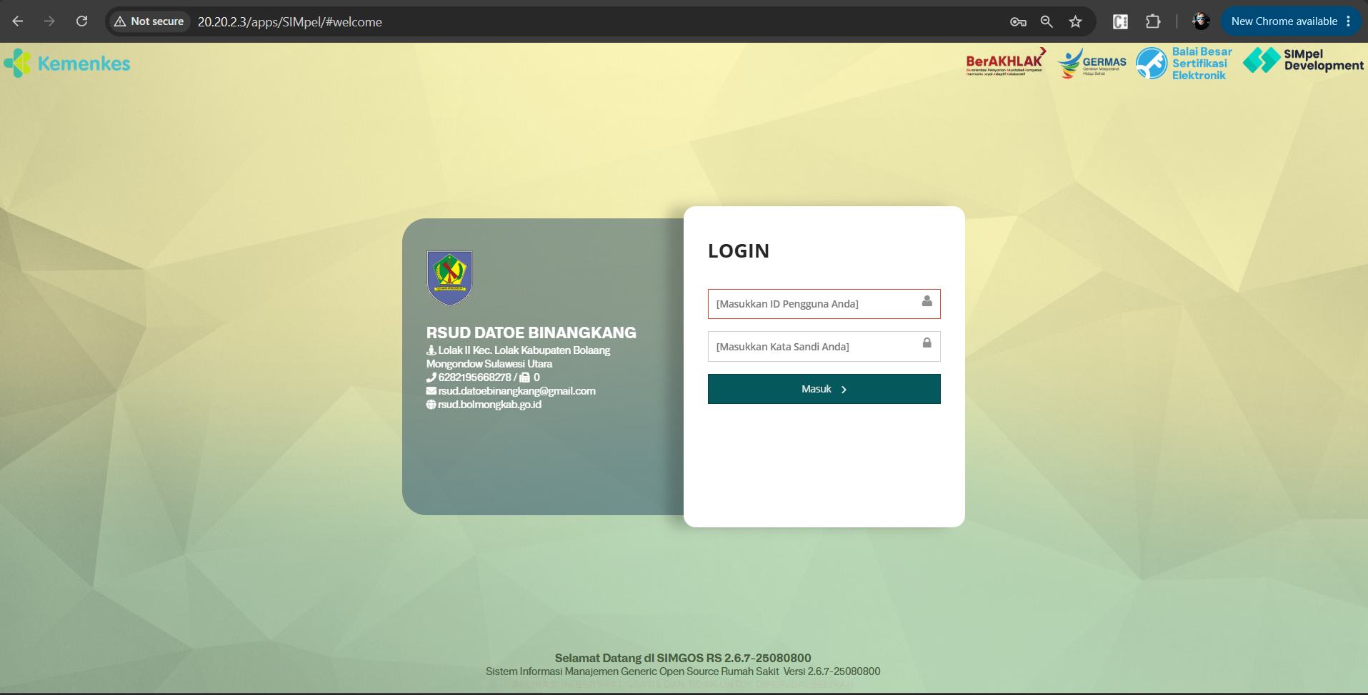 Tampilan Halaman Login SIMGOS V2