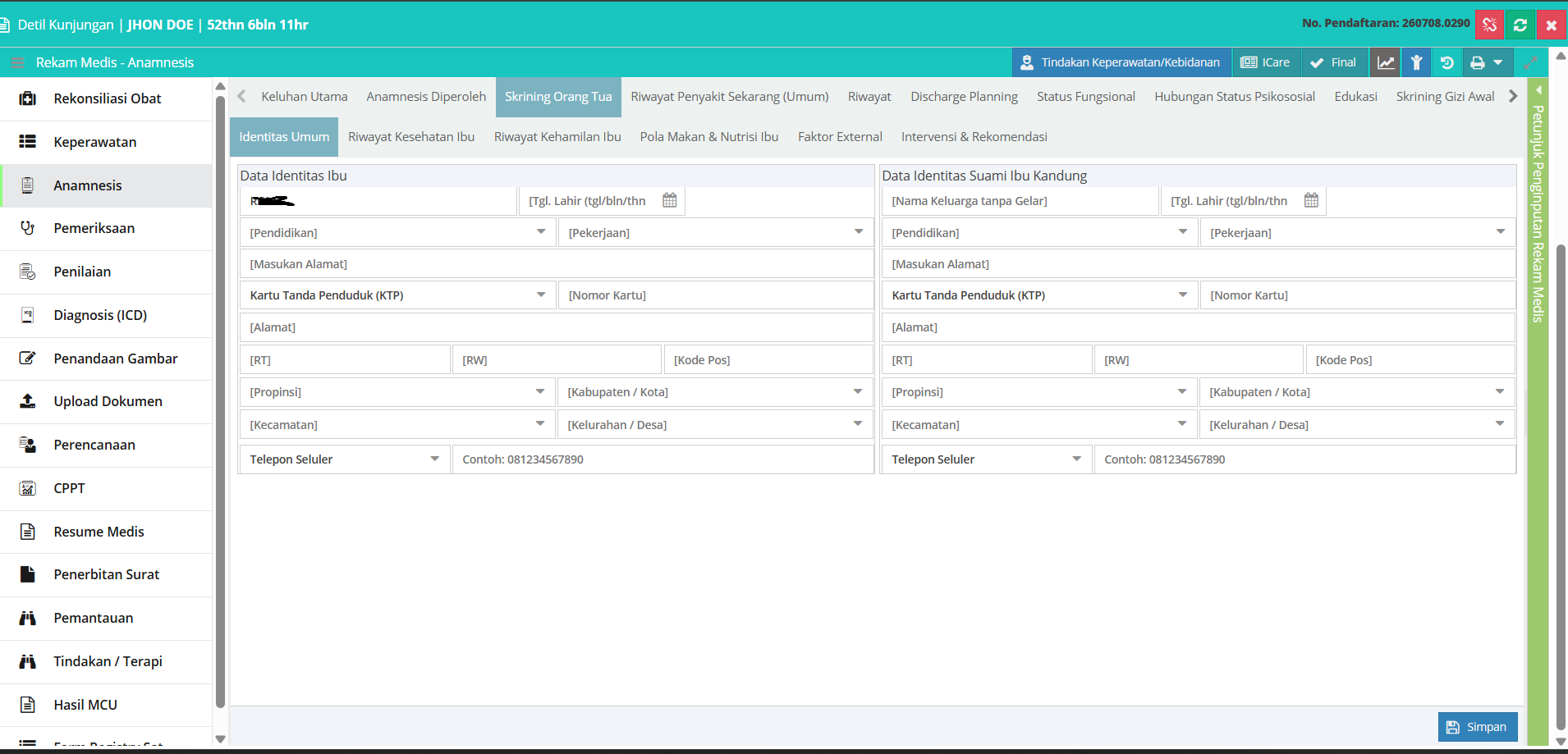 Tampilan Menu Anamnesis - Skrining Orang Tua