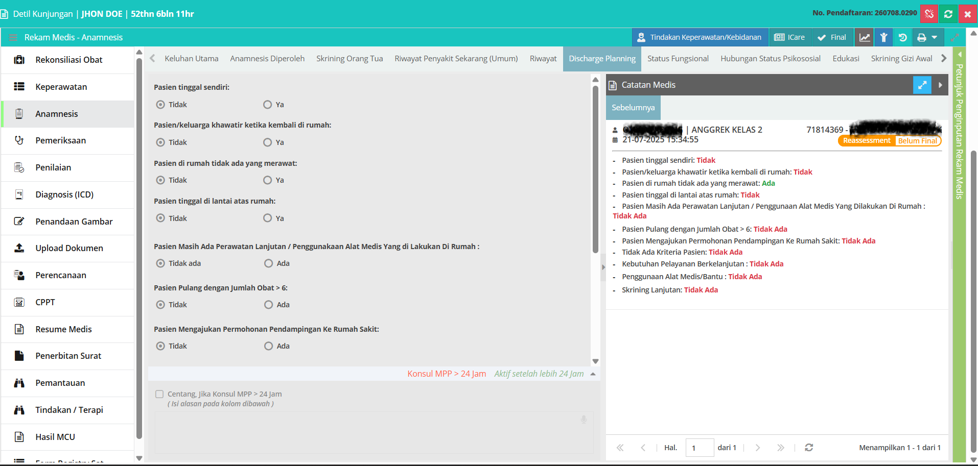 Tampilan Menu Anamnesis - Discharge Planning