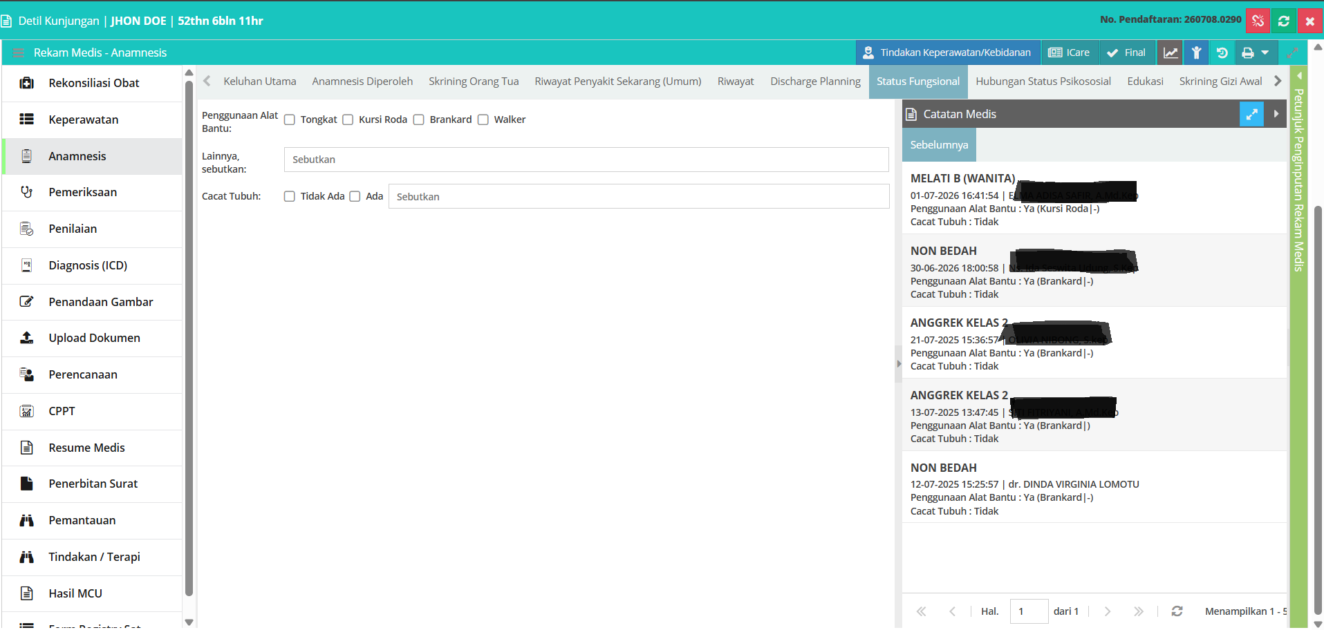 Tampilan Menu Anamnesis - Status Fungsional