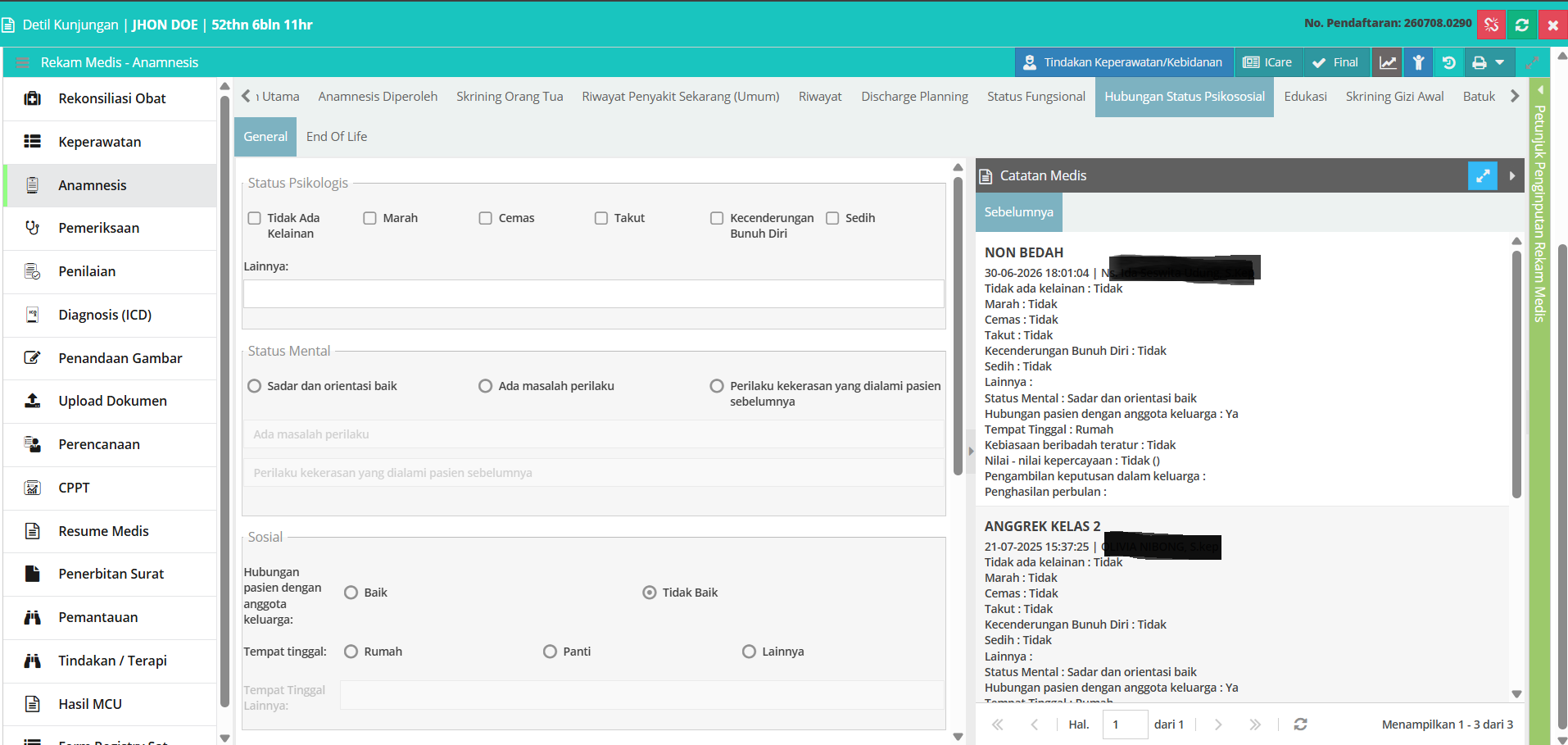 Tampilan Menu Anamnesis - Hubungan Status Psikososial